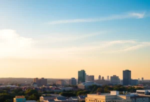 Clear blue sky over San Antonio with sunlight illuminating the city.