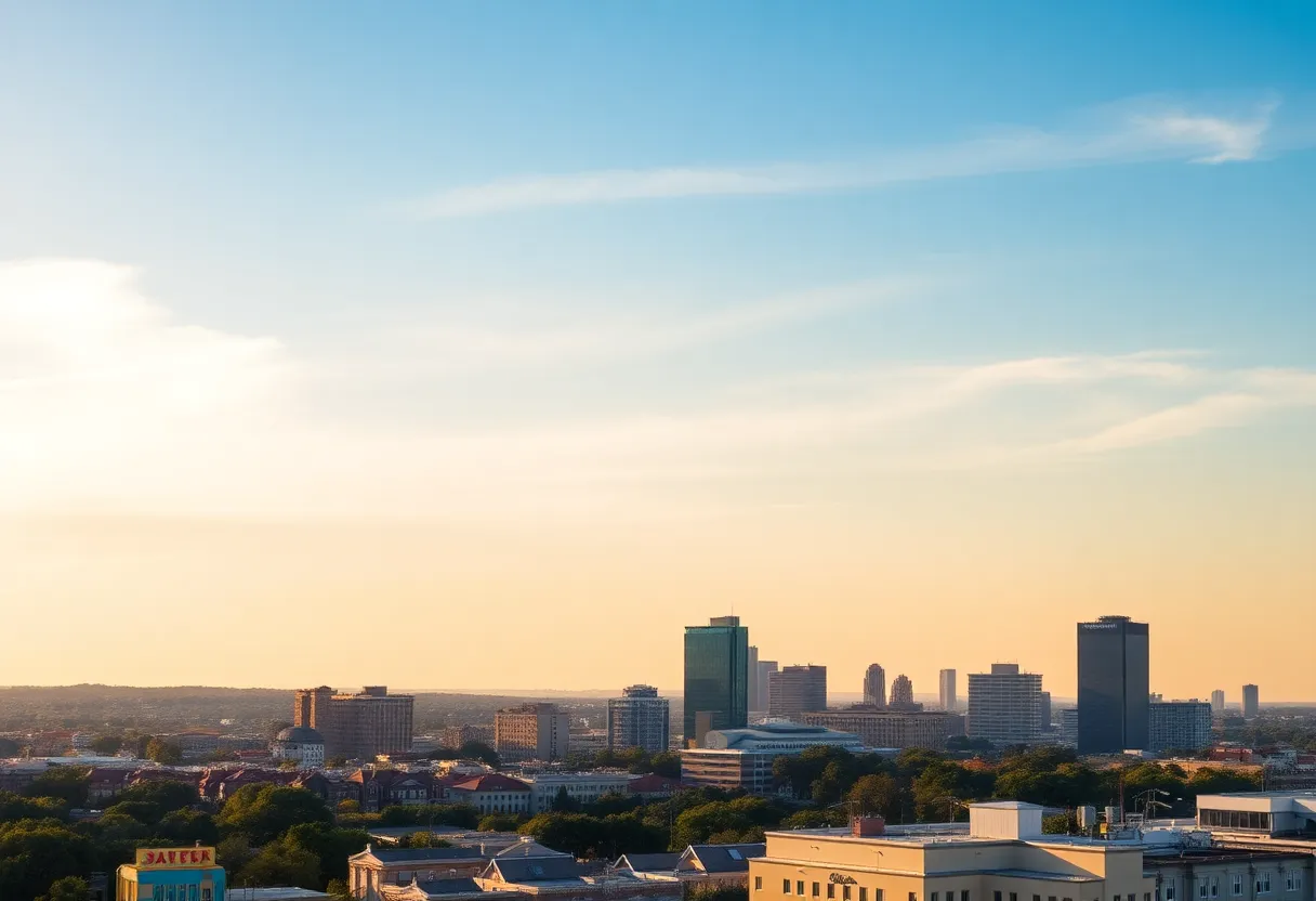 Clear blue sky over San Antonio with sunlight illuminating the city.