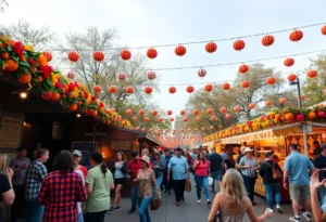 People enjoying a fall festival in San Antonio with food and music.
