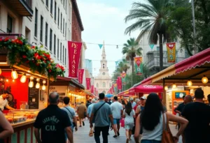 Visitors enjoying a festival in San Antonio with colorful decorations and food stalls.