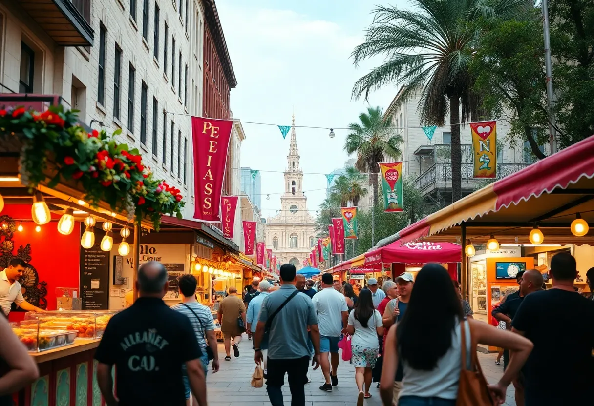 Visitors enjoying a festival in San Antonio with colorful decorations and food stalls.