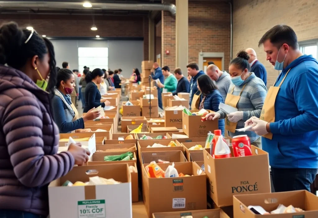 Volunteers and families at the San Antonio Food Bank distribution event