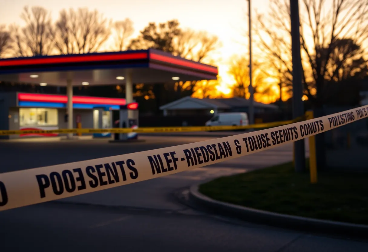Image of a gas station with police presence after a shooting incident.