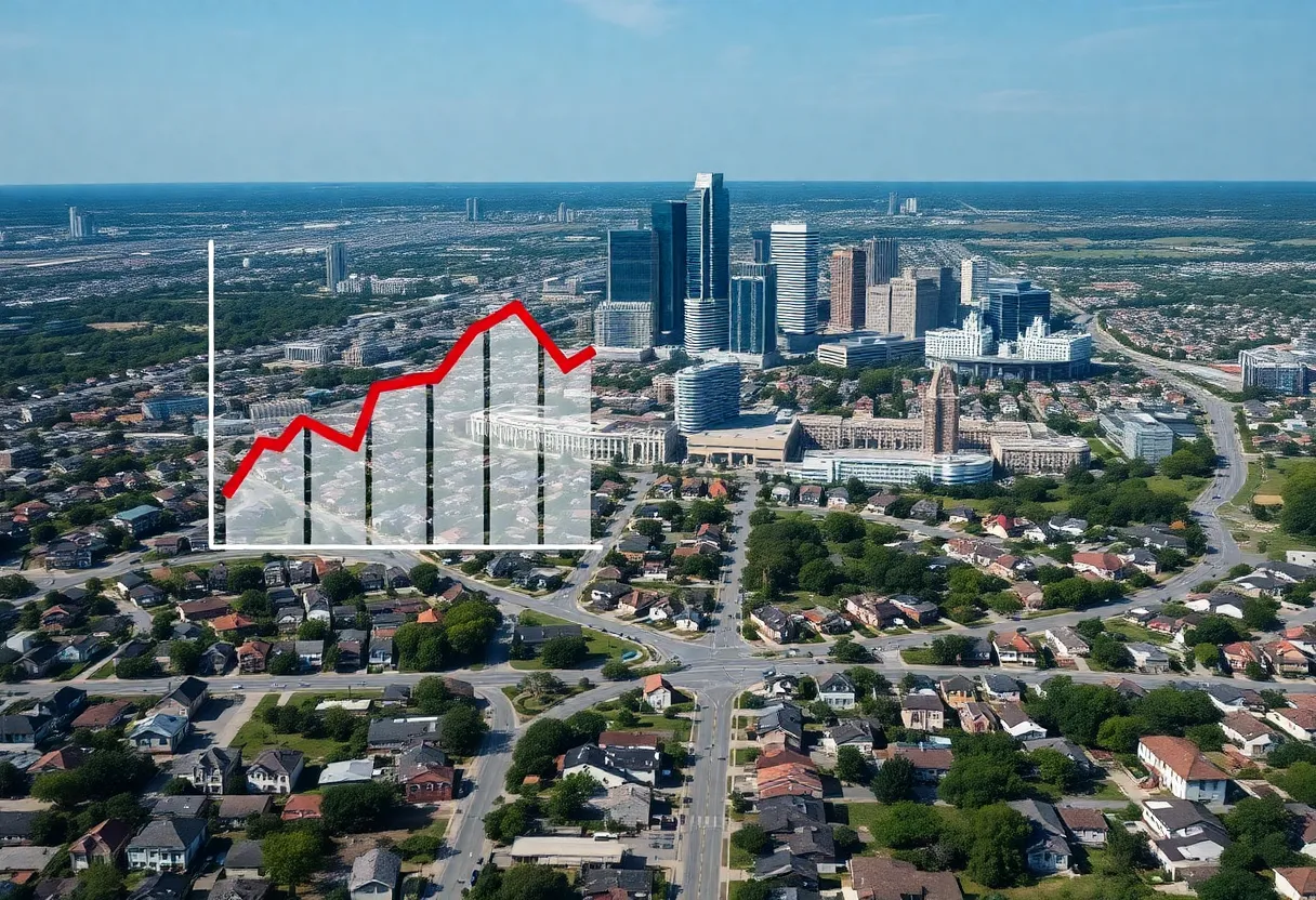 Cityscape of San Antonio with graphs on mortgage delinquency