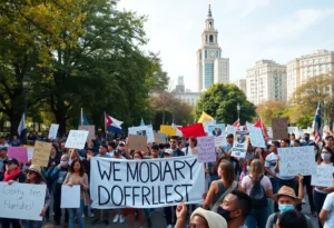 Protesters at San Antonio No Kings protest holding signs