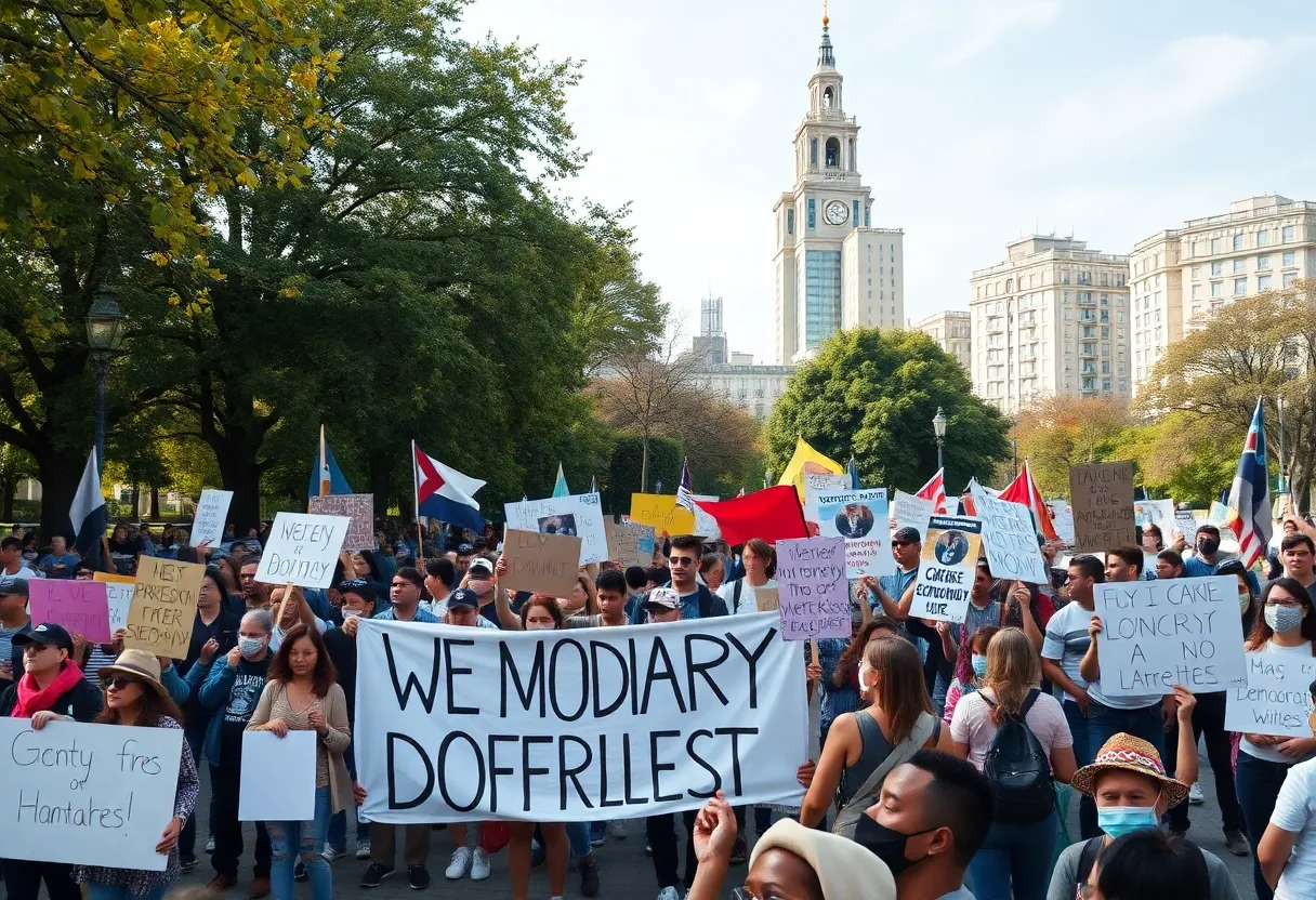 Protesters at San Antonio No Kings protest holding signs