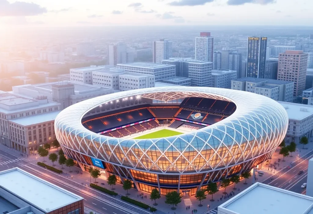 Conceptual illustration of the new Spurs arena and downtown expansion for Project Marvel.