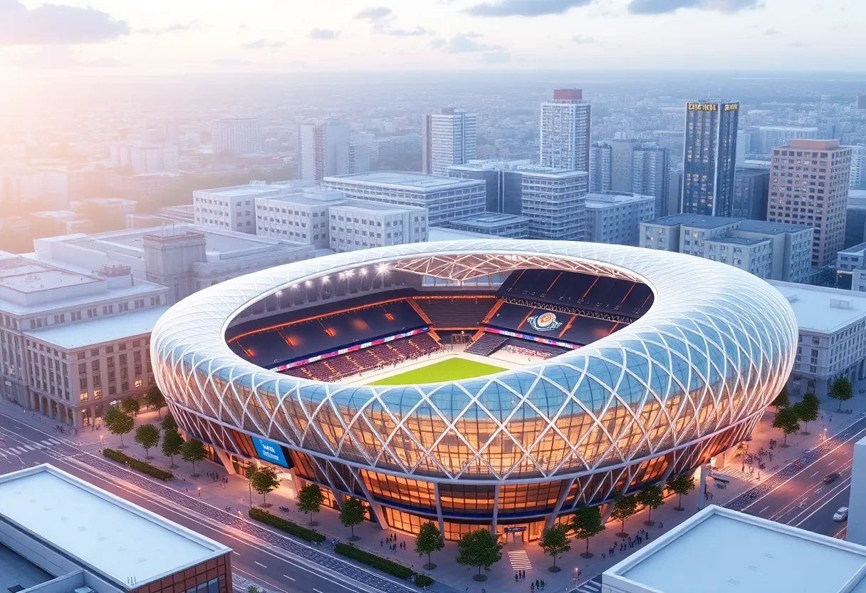 Conceptual illustration of the new Spurs arena and downtown expansion for Project Marvel.