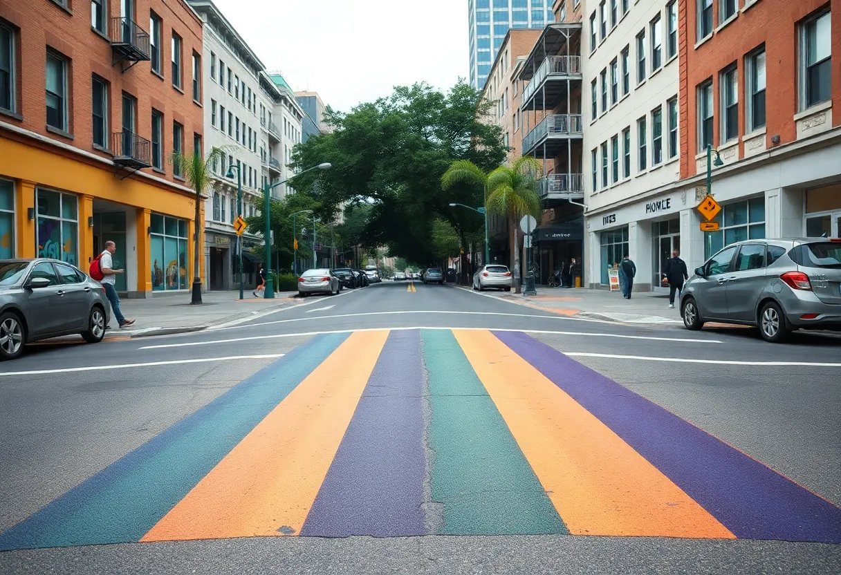 Rainbow crosswalk in San Antonio's Pride Cultural Heritage District