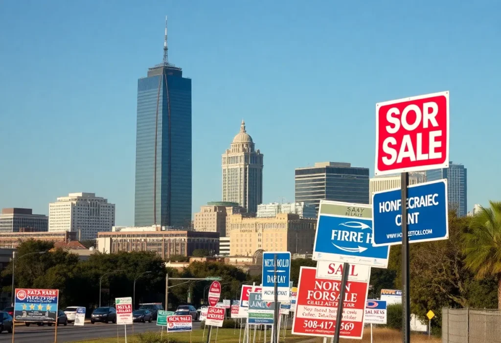 Skyline of San Antonio with real estate signs