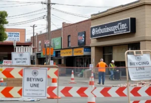 Construction barriers and signage in front of small businesses in San Antonio