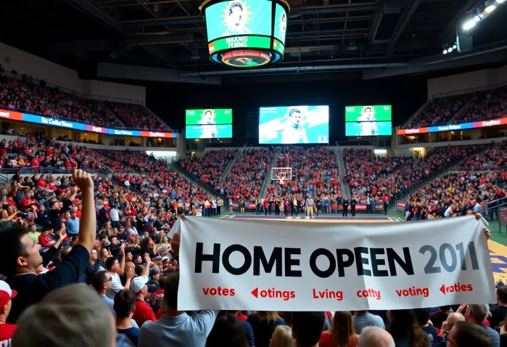 Fans at the San Antonio Spurs home opener supporting arena funding measures