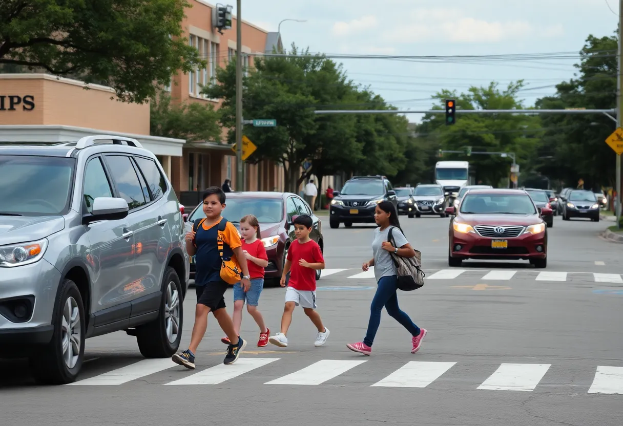 Crosswalk outside a school with pedestrians crossing