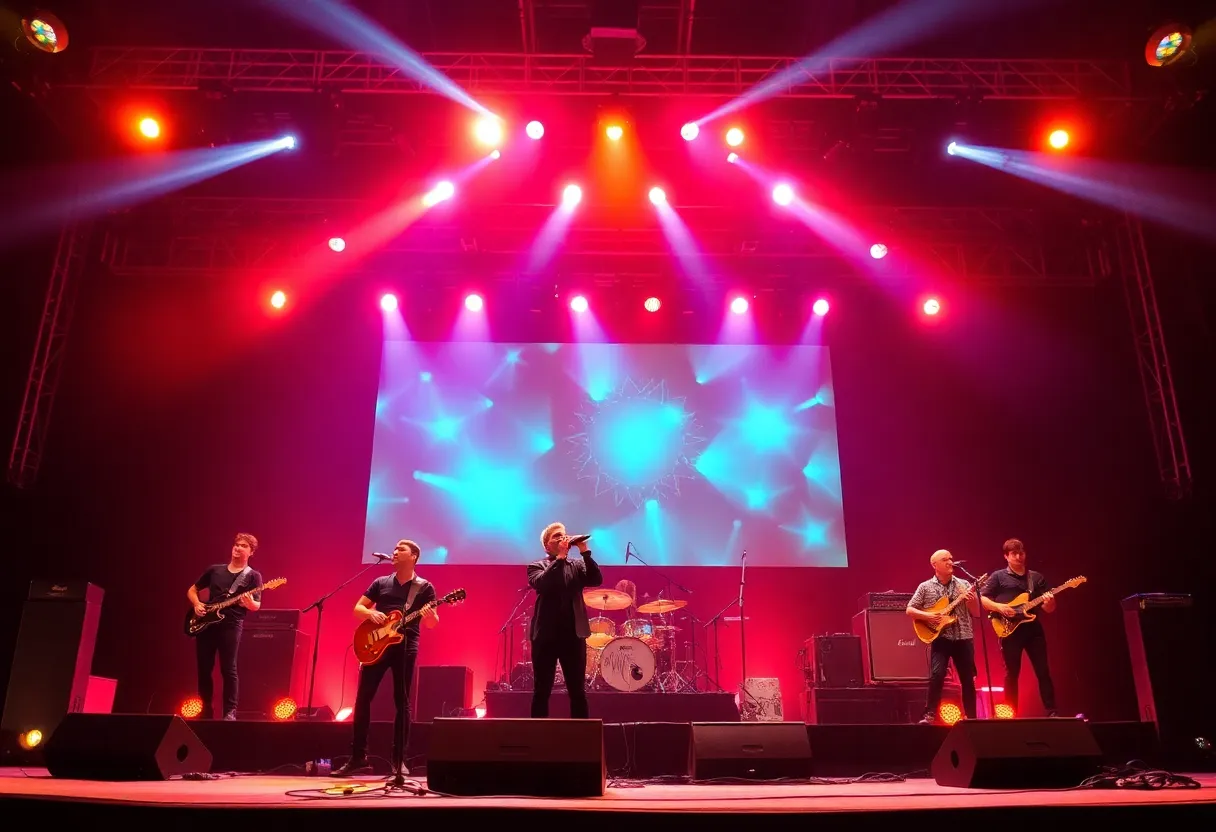 Live performance stage with lights and instruments representing a music band.