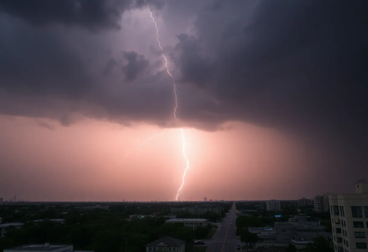 A view of a storm building over San Antonio with dark clouds and rain