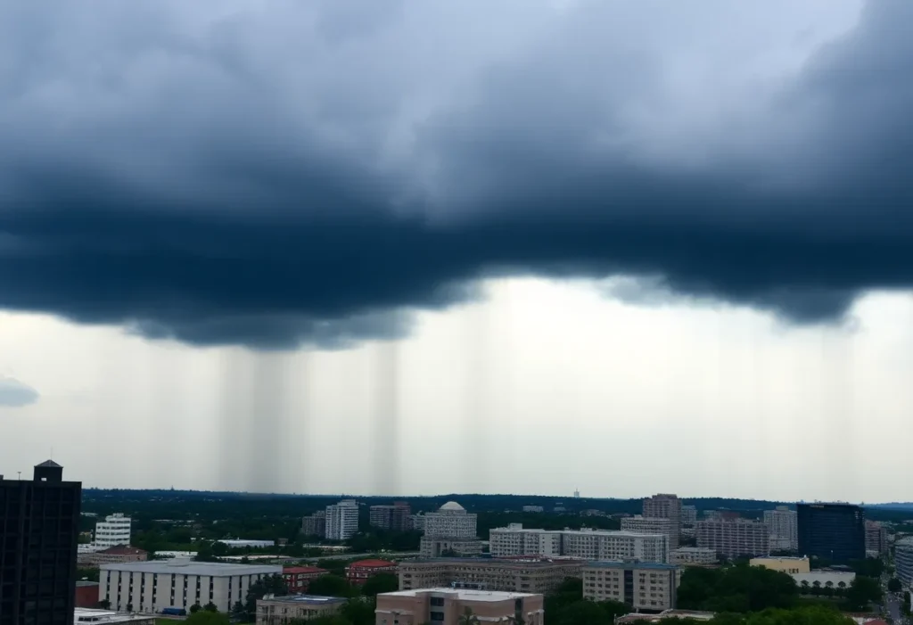 Dark storm clouds gathering over San Antonio before a severe thunderstorm