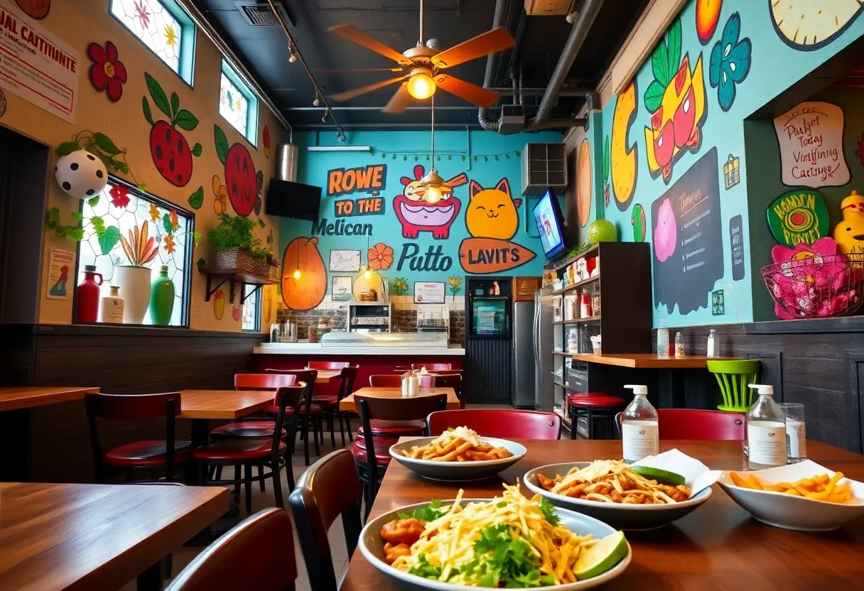 Interior view of Singhs Cantina, blending Vietnamese and Mexican culinary themes.