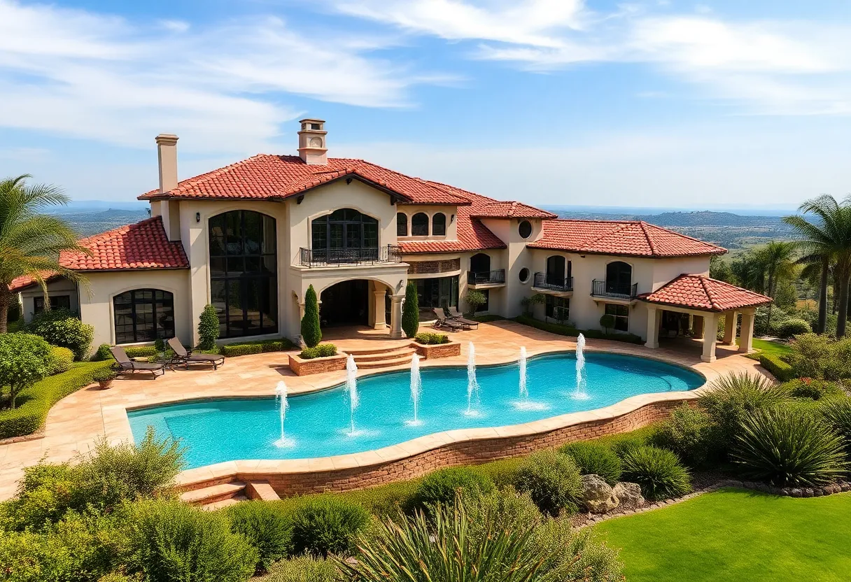 Spanish-style mansion with a pool and lush landscaping