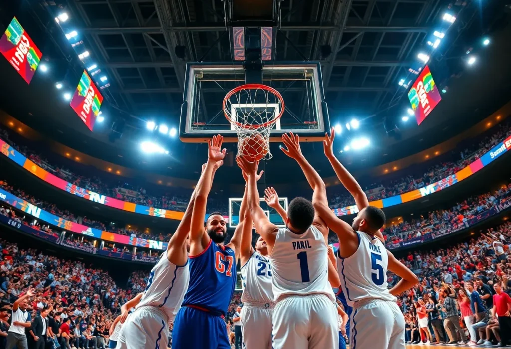 Intense basketball action during the Spurs versus Nets game.