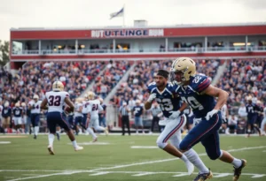 Steele Knights and Judson Rockets competing on the football field during the game.
