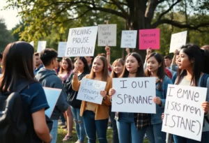 Students gathering peacefully during a protest at Milam Park