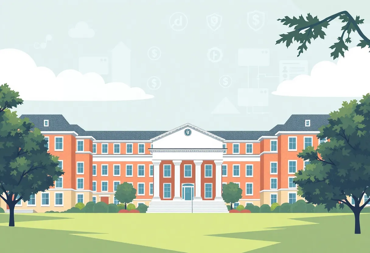 University buildings representing Texas A&M University-San Antonio with a background indicating financial scrutiny.