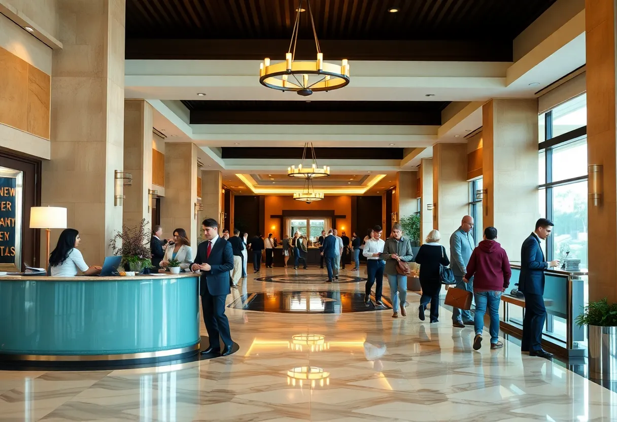 Hotel staff attending to guests in a Texas hotel lobby