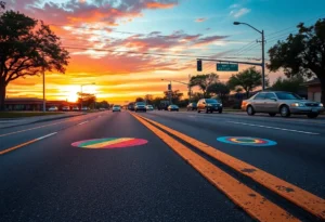 Texas road showing faded political ideology symbols under sunset lighting