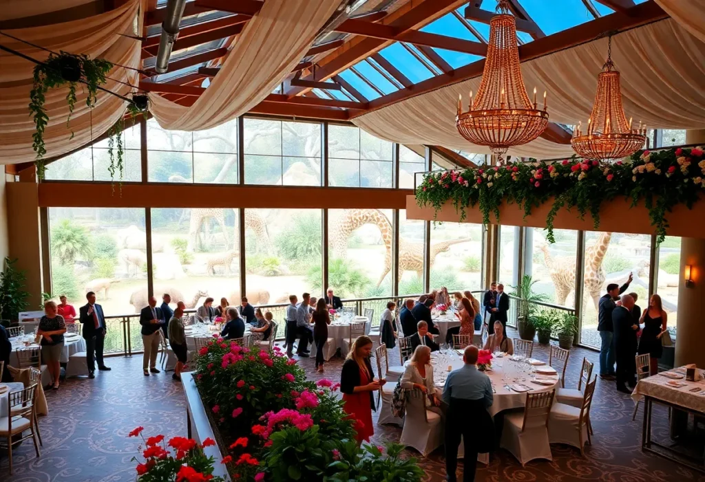 Interior of The Ralston event venue with a view of the balcony and zoo exhibits.