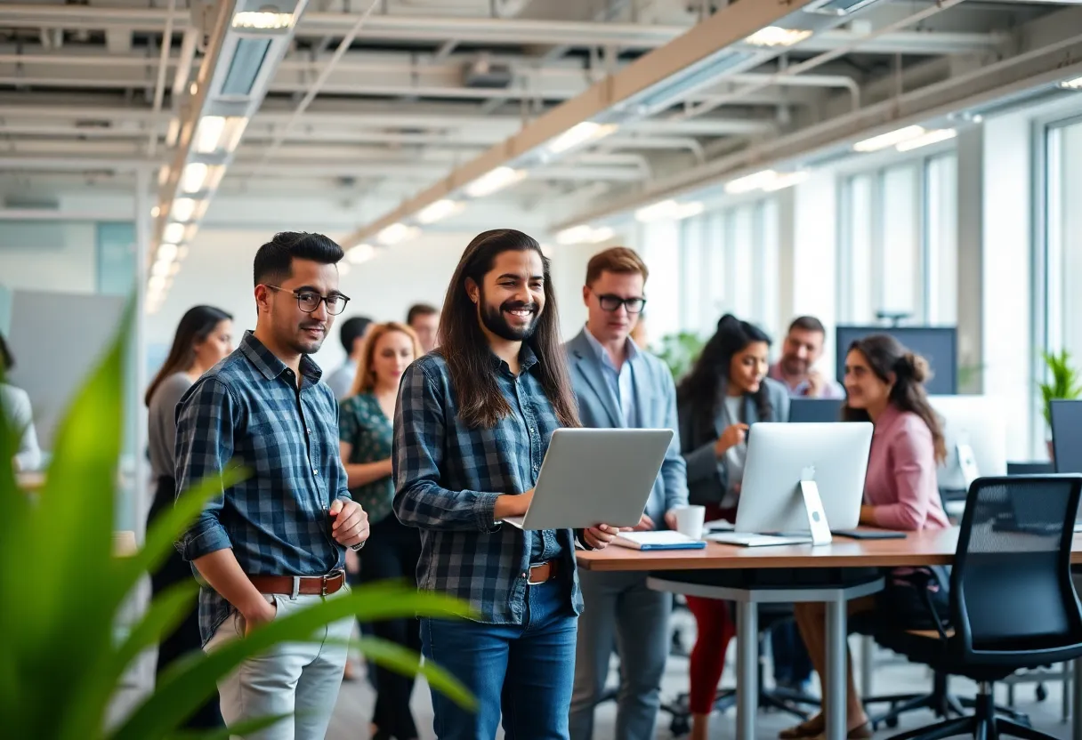 Employees collaborating in a modern office space