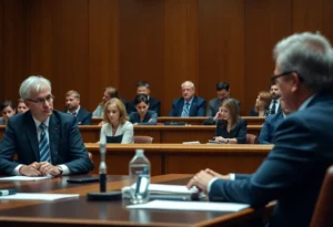 Courtroom trial scene involving police officers and jurors