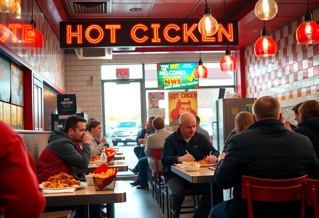 Interior of Urban Bird Hot Chicken restaurant in San Antonio with customers enjoying dishes.