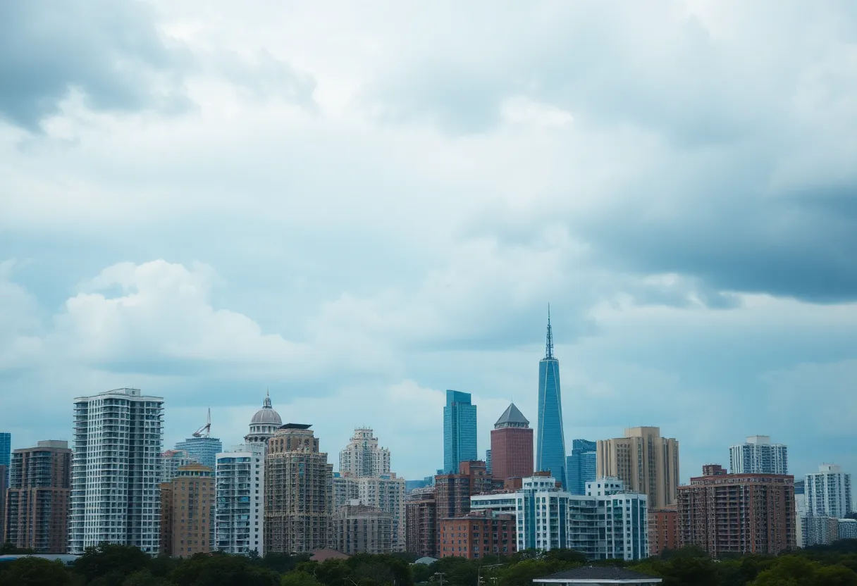 City skyline with apartment buildings reflecting rent dynamics.