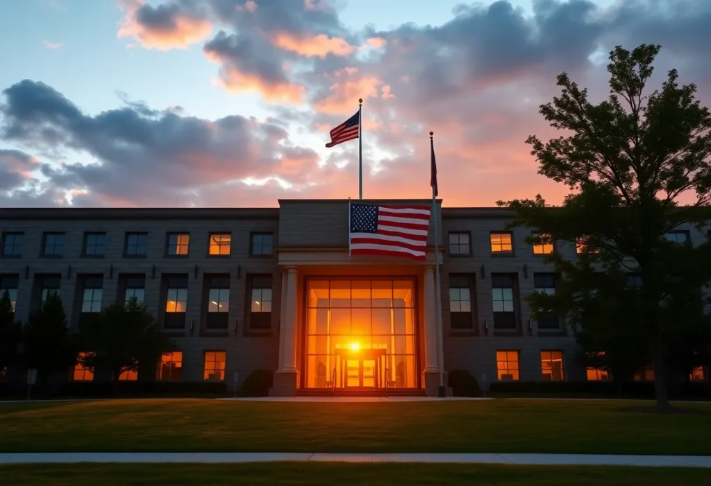 U.S. Army Headquarters with sunset and American flag