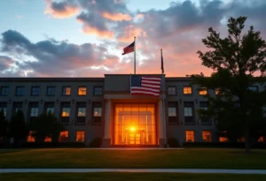 U.S. Army Headquarters with sunset and American flag