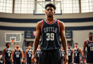 Tall basketball player in NBA jersey on the court