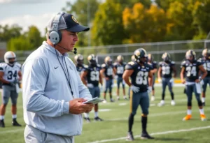 Coach analyzing plays at Army Black Knights football practice