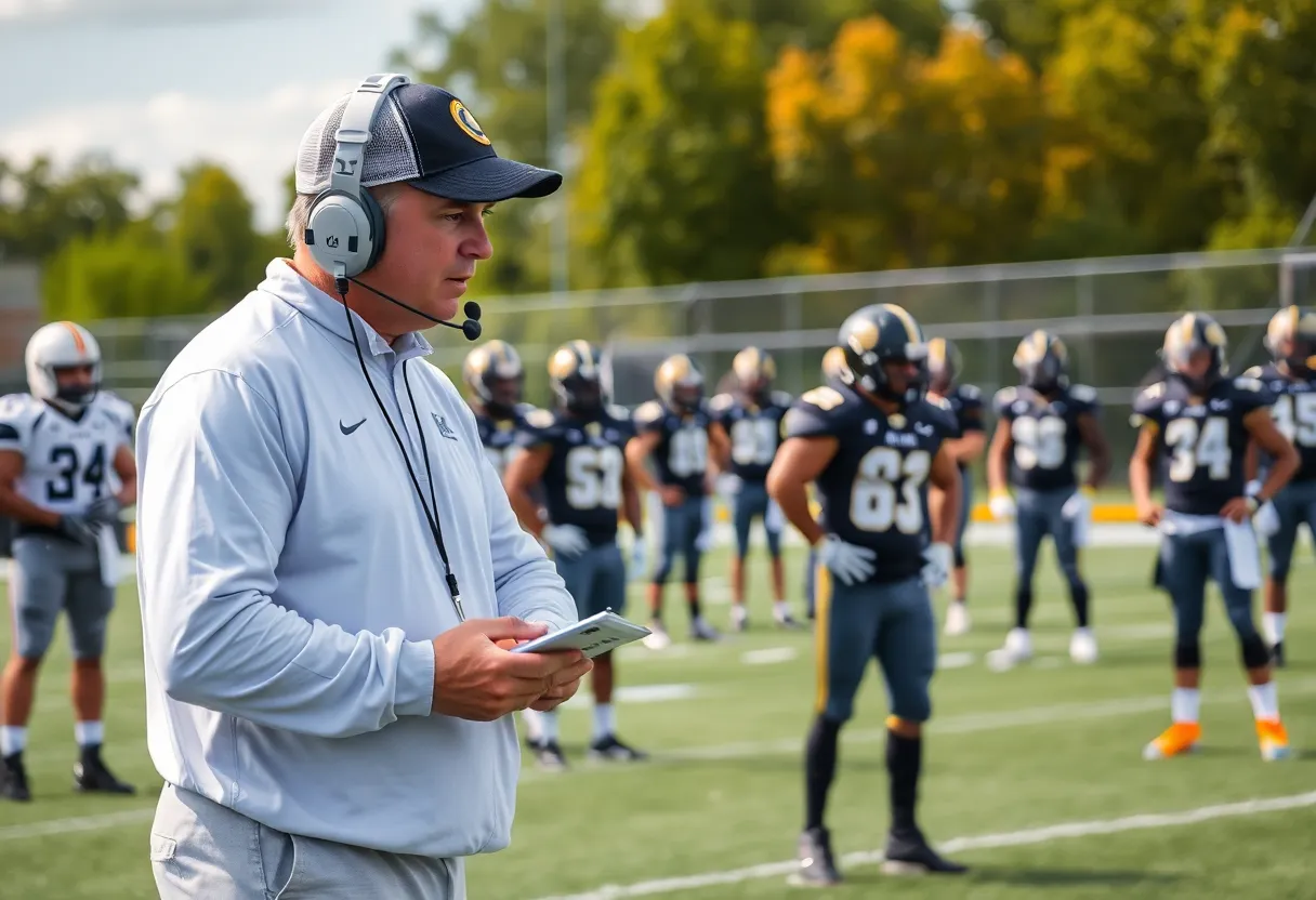Coach analyzing plays at Army Black Knights football practice