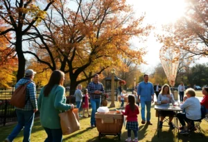 Families celebrating Thanksgiving outdoors in Austin with autumn scenery