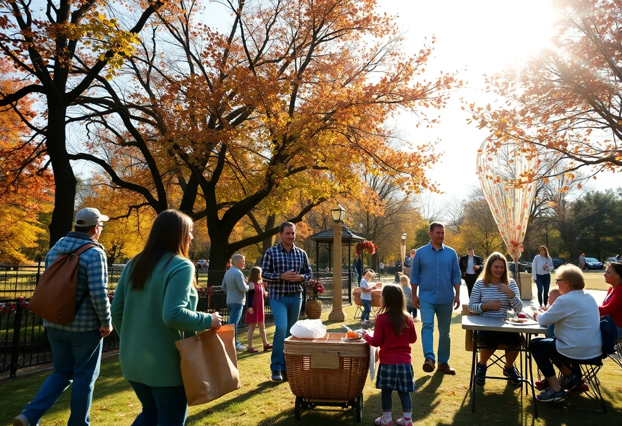 Families celebrating Thanksgiving outdoors in Austin with autumn scenery