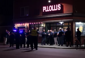 Police lights flashing outside a bar during an altercation scene in San Antonio.