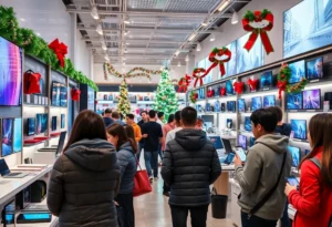 Inside Best Buy store during holiday season with shoppers and electronics displays.