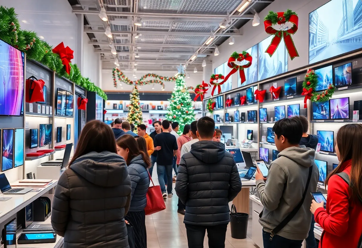 Inside Best Buy store during holiday season with shoppers and electronics displays.