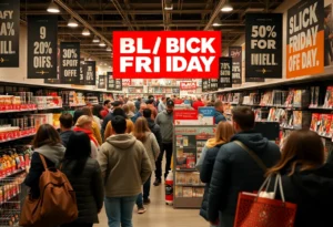 Shoppers navigating through a busy retail store during Black Friday sales.