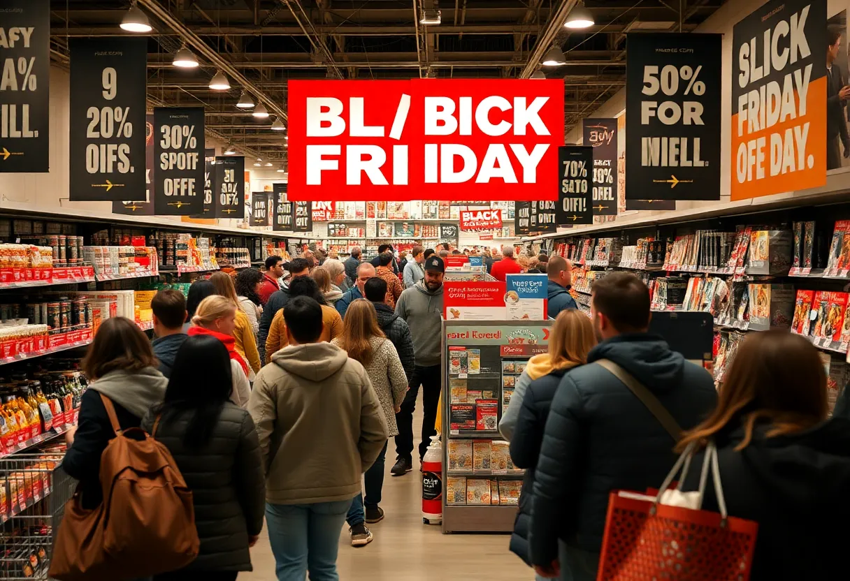 Shoppers navigating through a busy retail store during Black Friday sales.
