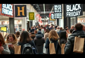 Shoppers in San Antonio during Black Friday sales with bags and discounts