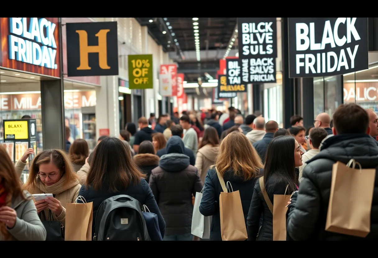 Shoppers in San Antonio during Black Friday sales with bags and discounts