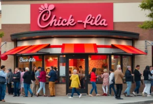 Exterior view of Chick-fil-A South Side in San Antonio with a festive atmosphere.