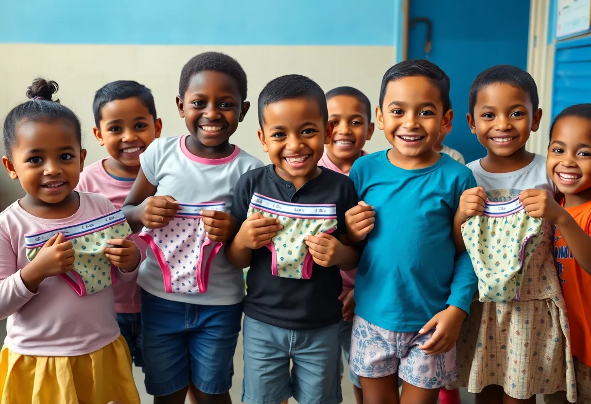 Children happily accepting new underwear donations from a local nonprofit.