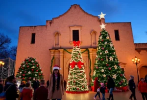 Families celebrating Christmas at the Alamo decorated with holiday lights.